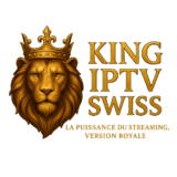 Golden crowned-lion logo beside the text KING IPTV SWISS, branding for a Swiss streaming service.